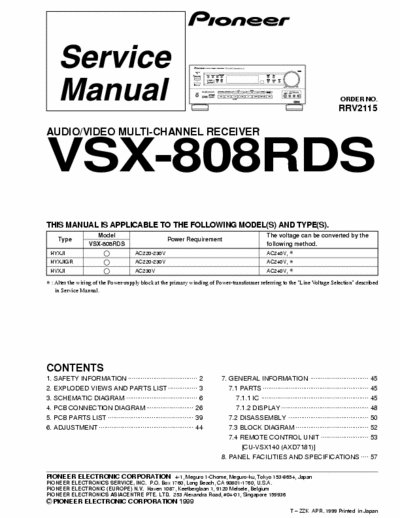 Pioneer VSX-808RDS AV-Multi Channel RECEIVER -Service Manual Order RRV2115